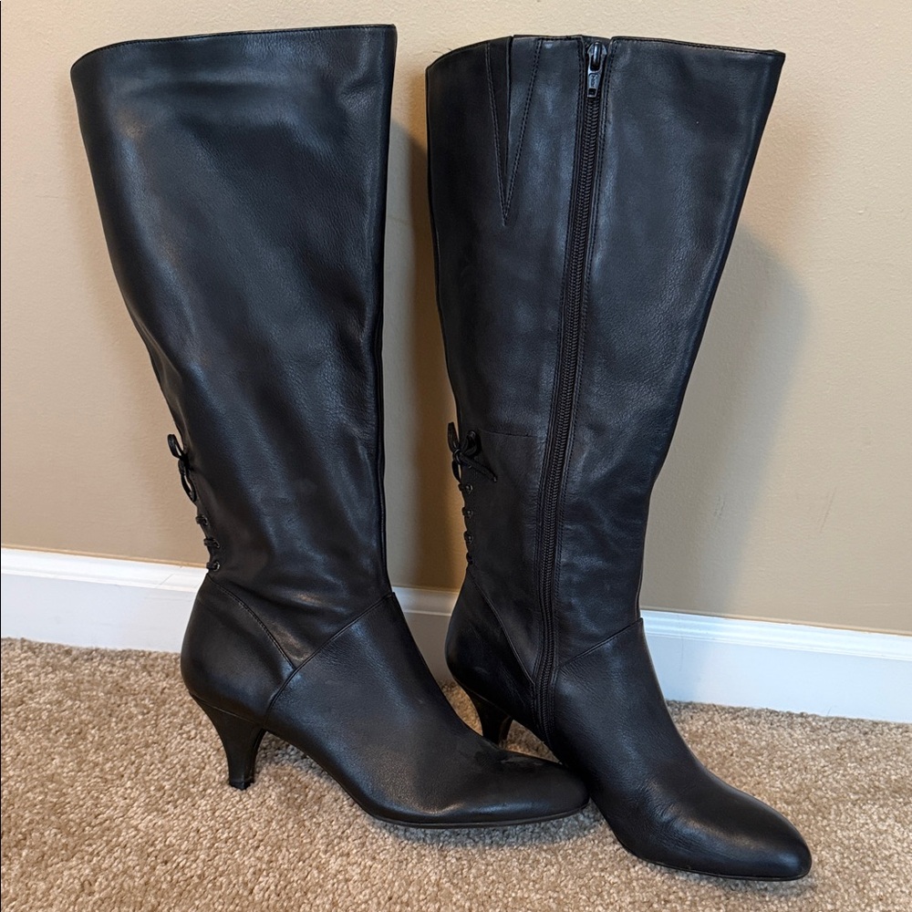 Naturalizer leather zip up tie bow black wide calf boots boot size 9.5